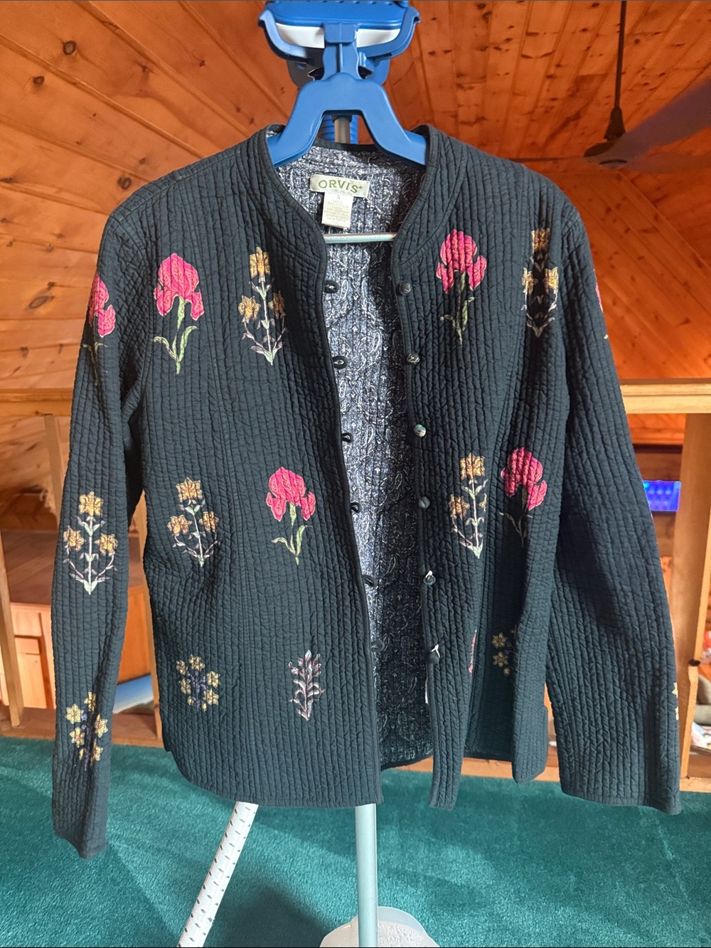 Orvis navy Quilted Cardigan with Pink and Gold Floral Embroidery